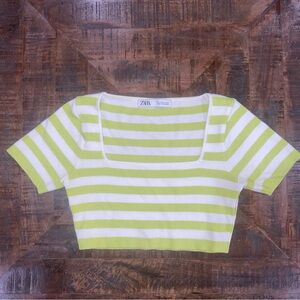 Zara Green White Striped Knitted Cropped Top Short Sleeve Women’s Sz Small
